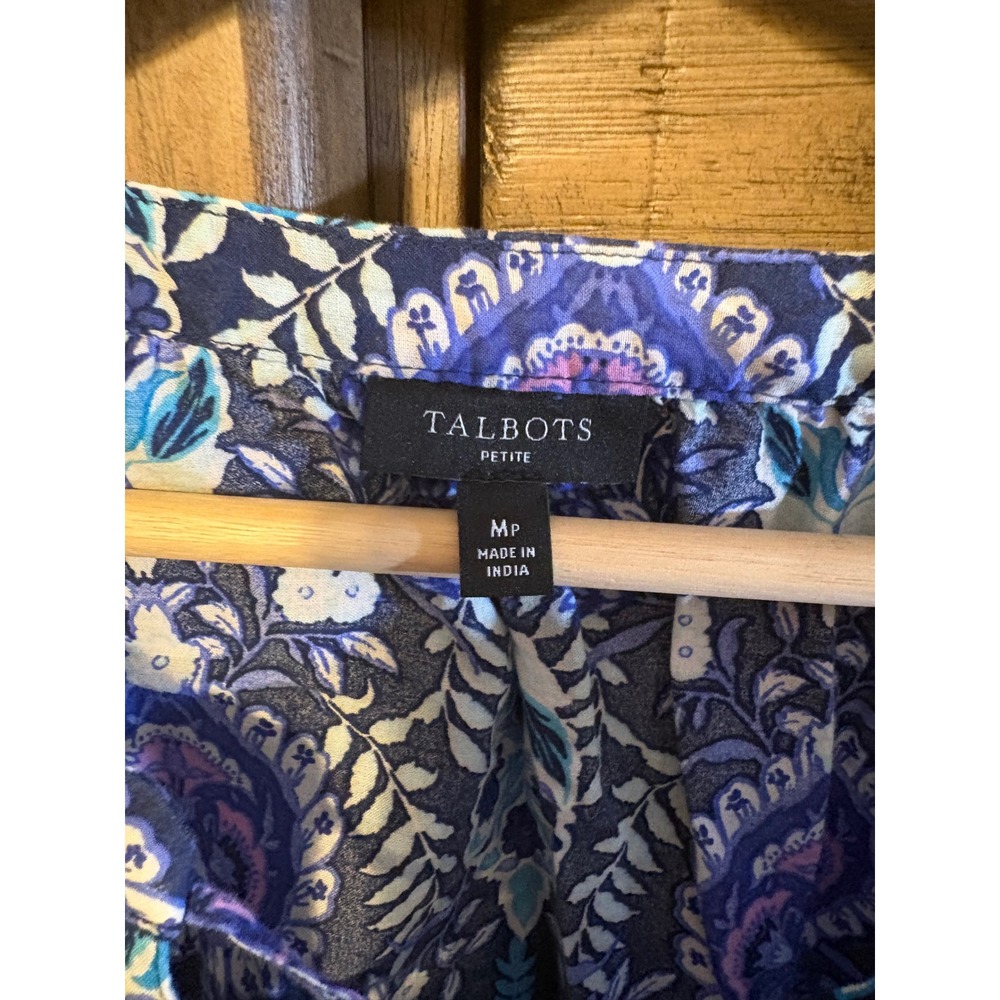 Talbots Petite Blue Paisley Floral Cotton Puff Sleeve Tie Neck Blouse MP - Picture 3 of 5